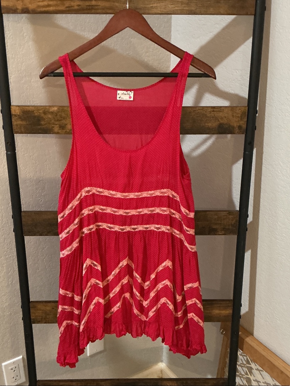 Free People Red Tank with Cream Lace Stripe Detail